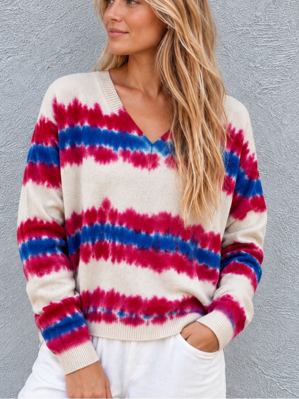 Crush Cashmere Tie Dye V-Neck Sweater Red Blue Size 1 Smal
